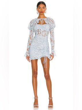 For Love & Lemons Victoria Mini Dress Light Blue Lace Ruched Mini Dress